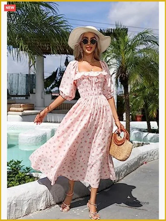 100% Cotton Backless A-Line Flowy Midi Dress with Ruffled Neckline - Picture 4 of 7